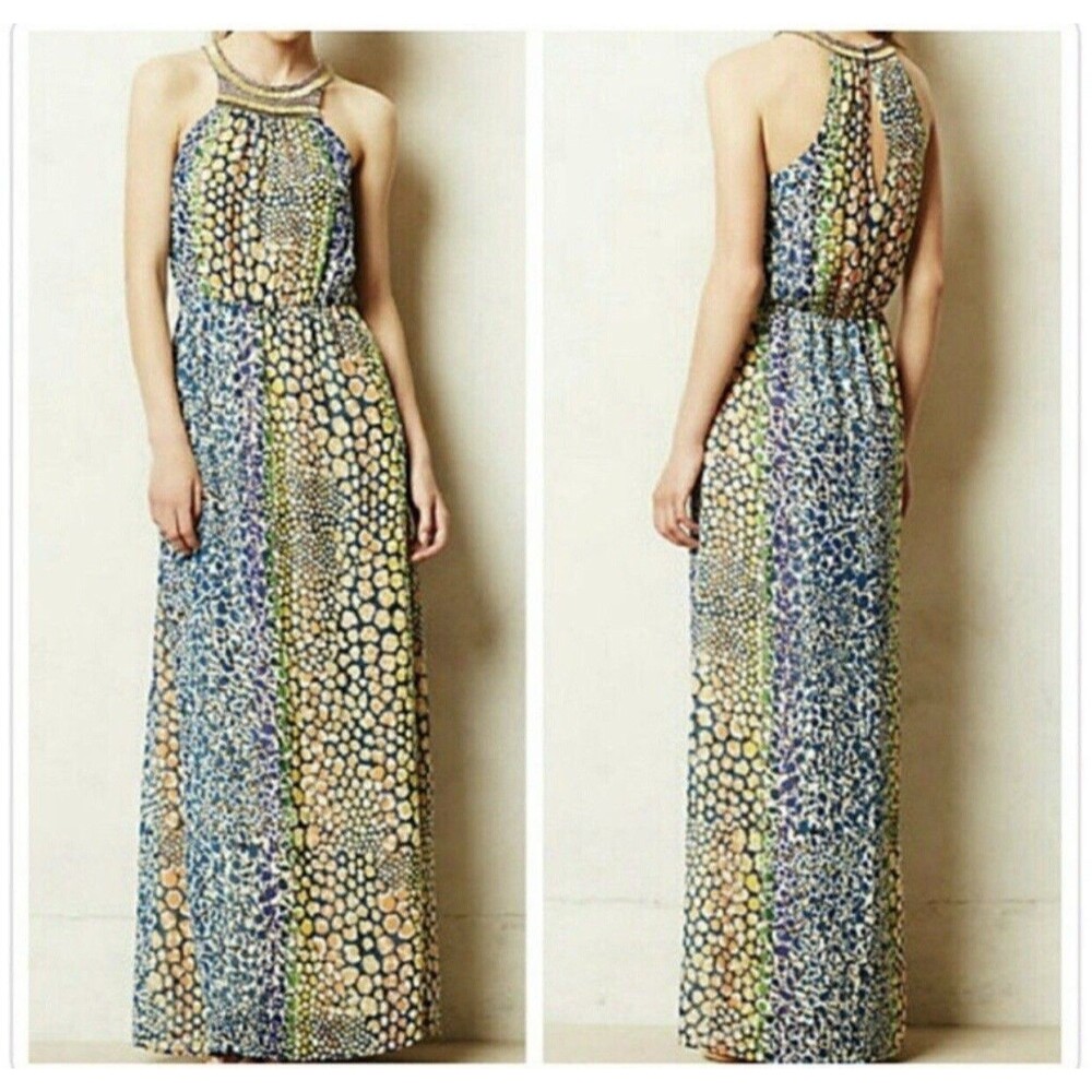 Anthropologie HD in Paris Mayacamas Maxi Dress US 4 Small Beaded Neck Multicolor - Picture 2 of 12